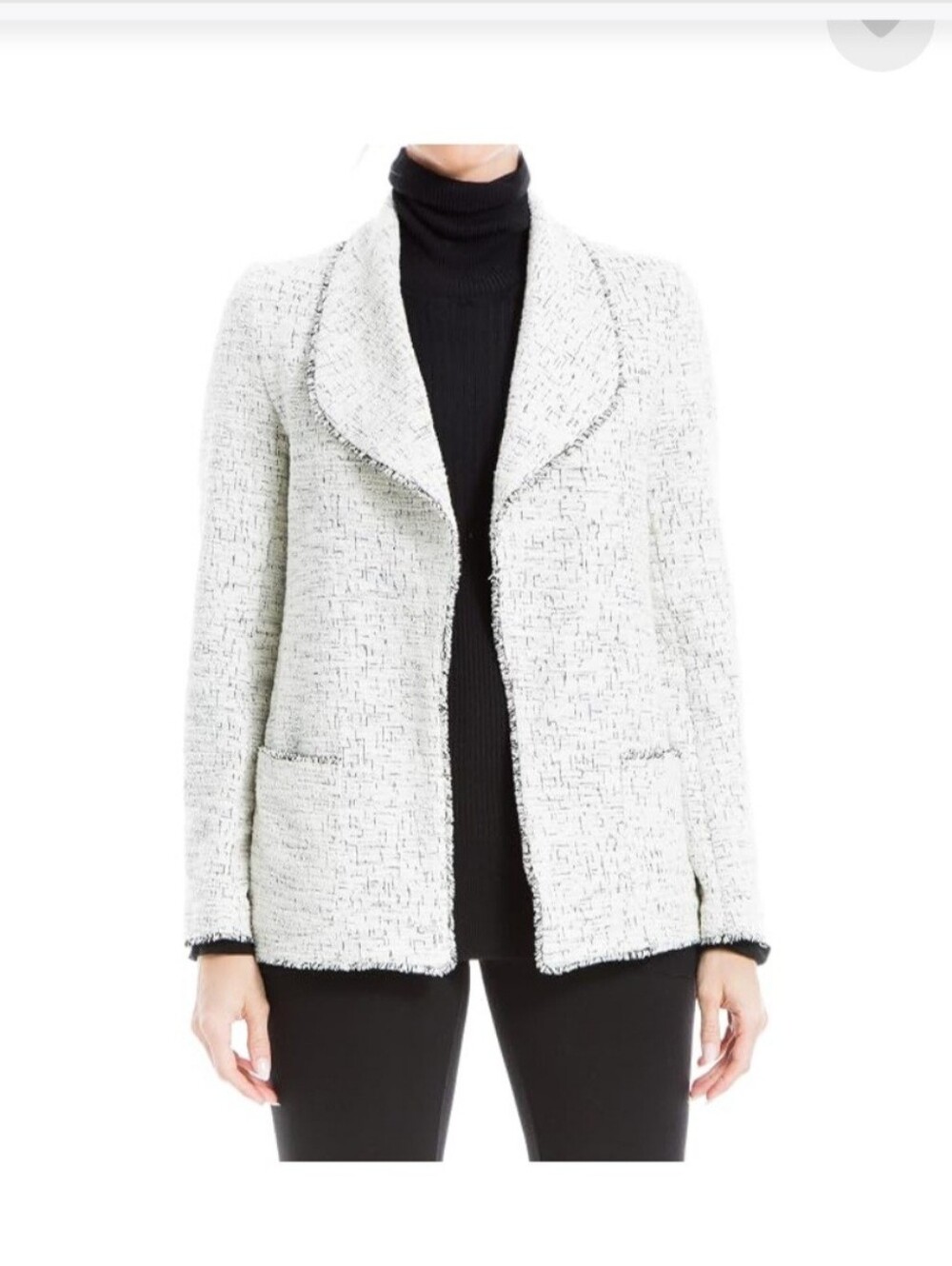 Max Studio Women's Tweed Fringe Open Front Jacket w/ Pockets White Black Size M